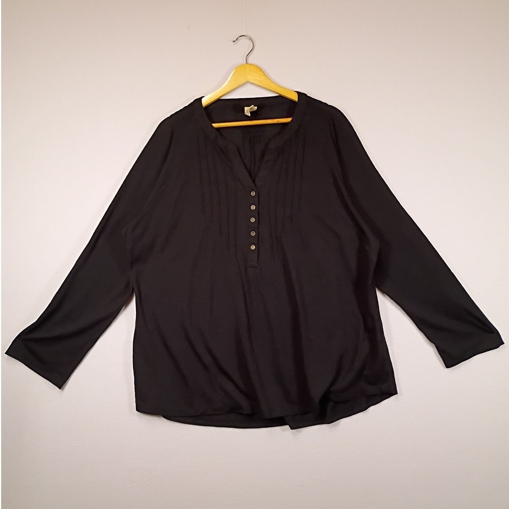 Boho Minimalist Faded Glory Womens 3X Black Pintuck Henley Roll Tab Blouse